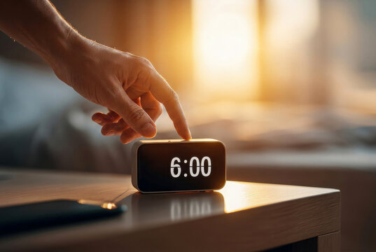 Hand turning off alarm clock at 6:00 in warm sunrise bedroom