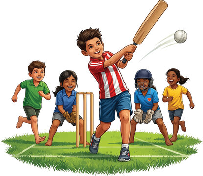 Kids Playing Cricket Vector Illustration