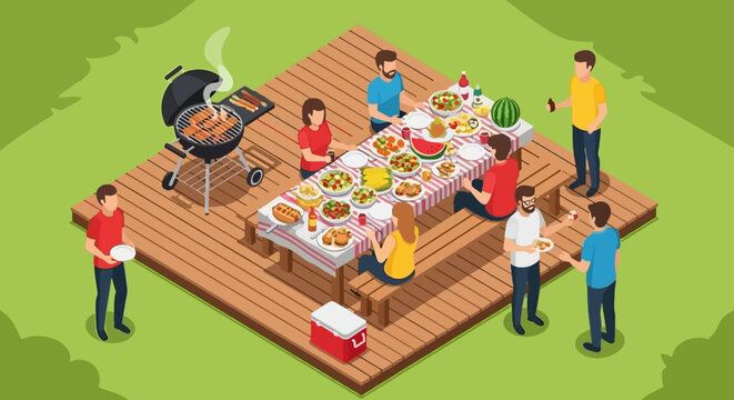 Isometric Backyard Barbecue Party Wooden Deck Grill Food Table Friends Family Gathering