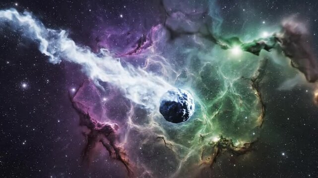 A vibrant nebula showcasing a spectacular comet streaking through the cosmos with its luminous tail