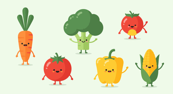Cute Cartoon Vegetable Characters Standing Together.