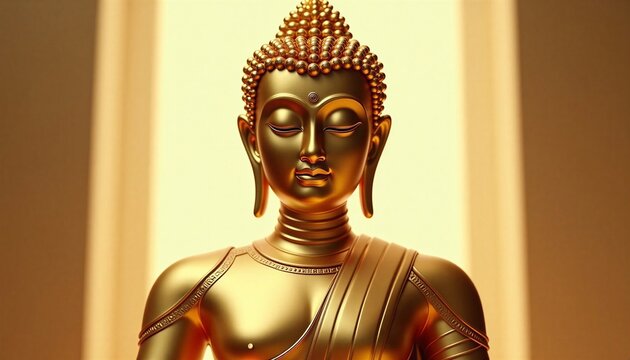 Golden Buddha statue with serene facial expression. Symbol of peace, enlightenment and spirituality. Buddhist religious art for meditation, inner balance and mindfulness practice.