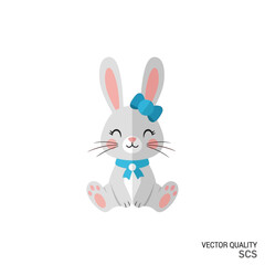 Obraz premium Cute cartoon bunny girl with blue bow and scarf, sitting, smiling, vector illustration