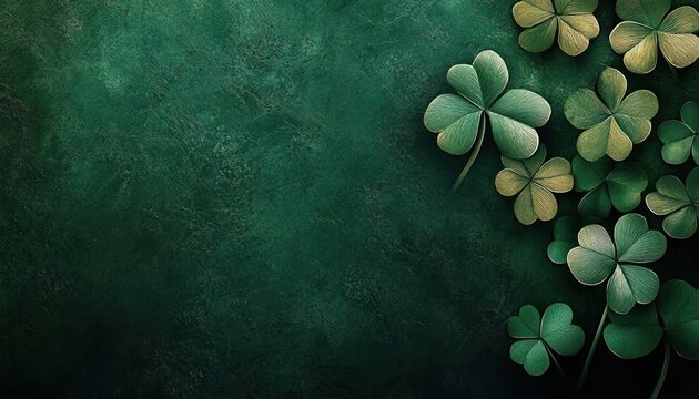 cluster of green and golden clover leaves on a textured dark green background evoking calm and luck