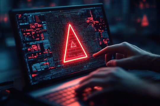 hands interacting with laptop displaying glowing red triangular alert over scrolling code, tense urgent cybersecurity scene in blue and red light