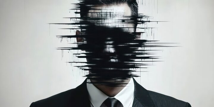 Formal suited figure in white shirt and black tie with horizontal digital glitch streaks emanating from the head area, stark backdrop conveying anonymity and fragmented identity