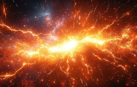 Fiery cosmic explosion with a brilliant central light, orange lightning-like filaments and scattering sparks across a star-studded dark space, evoking intense awe and power