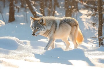 Fototapeta premium Grey wolf walking through a sunlit snowy forest, alert and focused amid falling snow and long shadows