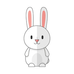 Obraz premium Cute cartoon white rabbit with pink ears, standing and looking forward, isolated on white background.