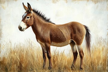 Obraz premium calm brown donkey standing in dry golden grass with attentive ears against a neutral textured background