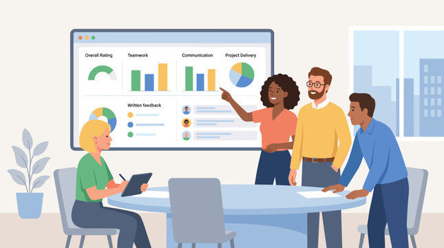 Team presenting business data during office meeting.
