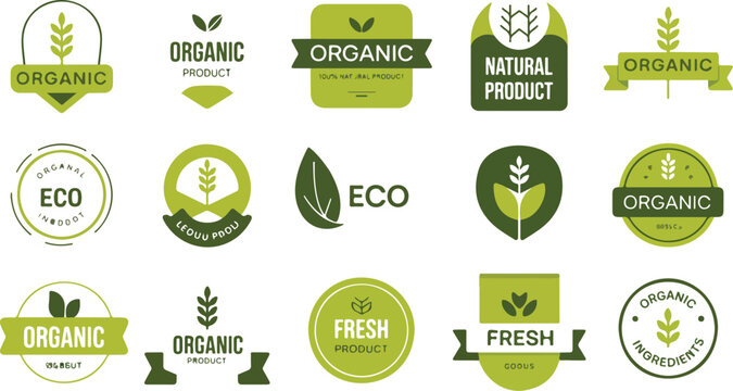 Organic eco label vector set featuring twelve green product badges in modern minimalist branding grid layout illustration