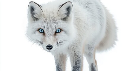 Fototapeta premium Close-up of a white arctic fox with striking blue eyes standing on snow, soft fluffy fur and a curious, alert gaze
