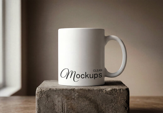 White Mug Mockup on Concrete Block