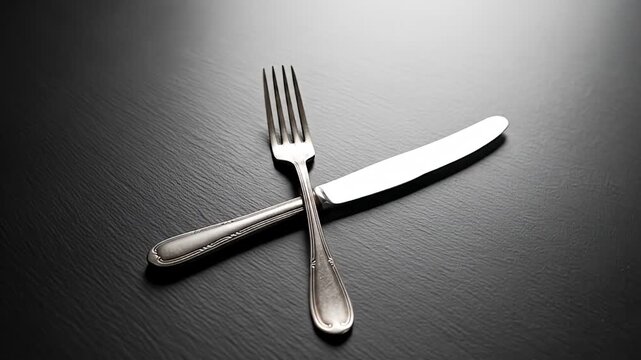 Crossed silver fork and knife centered on a textured, dark gray background surface