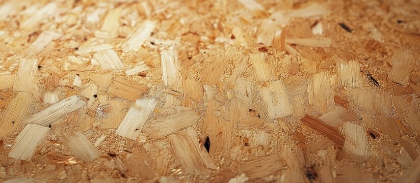close-up of textured wood chip board surface with overlapping wood strands and warm earthy tones conveying rustic tactile warmth