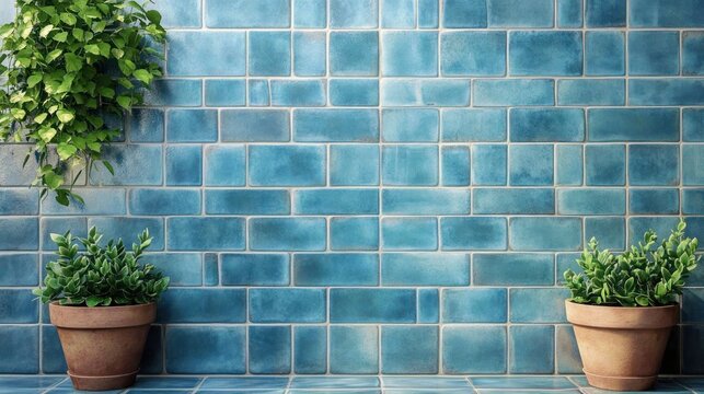 two terracotta potted succulents and a hanging vine against weathered blue tile wall, calm minimalist indoor scene