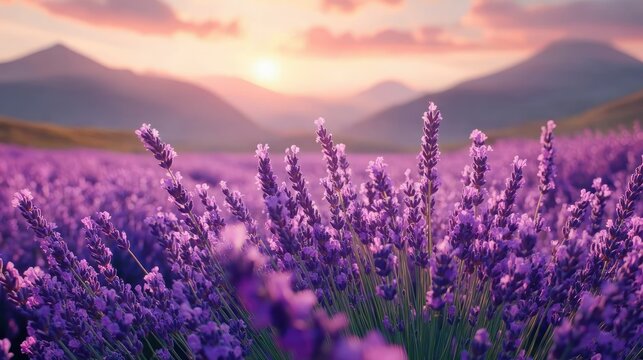 Sunset over a sweeping lavender field with purple blooms in foreground and soft pink orange sky above distant rolling mountains, evoking a calm and dreamy mood