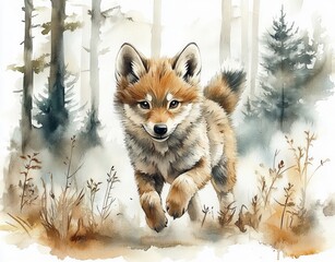 Fototapeta premium playful fox pup bounding through a misty pine forest with bright curious eyes, fluffy fur and autumn undergrowth