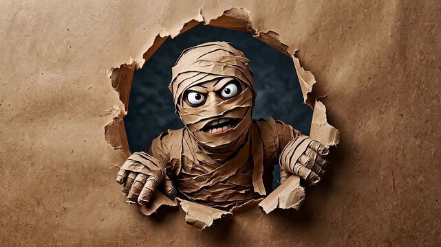Mummy figure emerging from torn paper emphasizing modern aesthetics and minimalist design