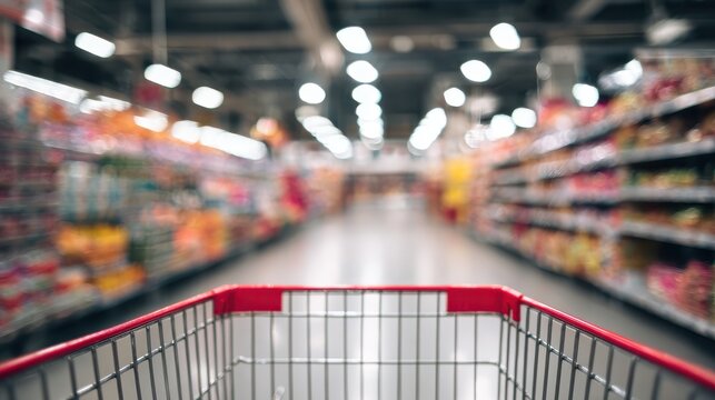 Supermarket aisle perspective from shopping cart, blurred background