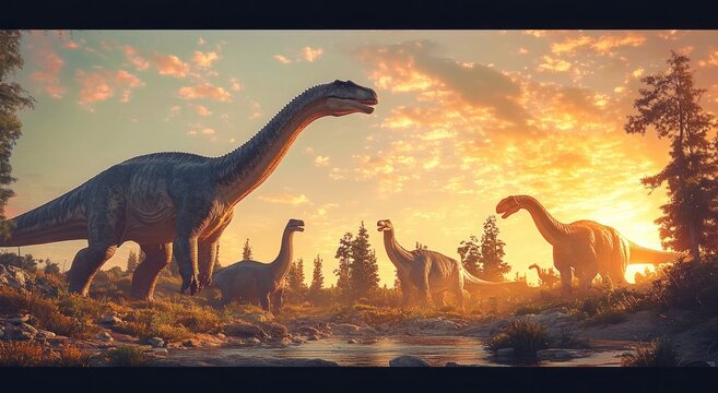 Herd of long-necked sauropod dinosaurs by a river at sunset in a serene golden prehistoric landscape