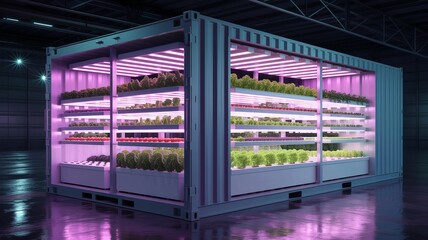 A large shipping container converted into a modern indoor hydroponic farm with purple lighting
