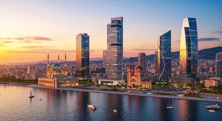 Naklejka premium sunset cityscape with modern skyscrapers by waterfront