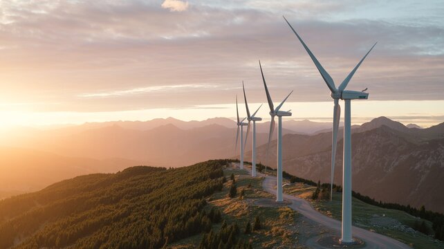 Wind turbines standing tall on a mountainous landscape during a serene sunset
