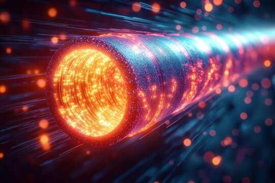 glowing fiber optic cable cross section with streaming light particles conveying speed and futuristic energy