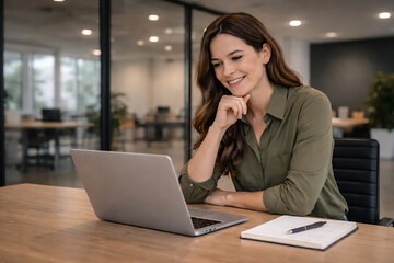 Fototapeta premium Smiling businesswoman works on a laptop in a modern office space