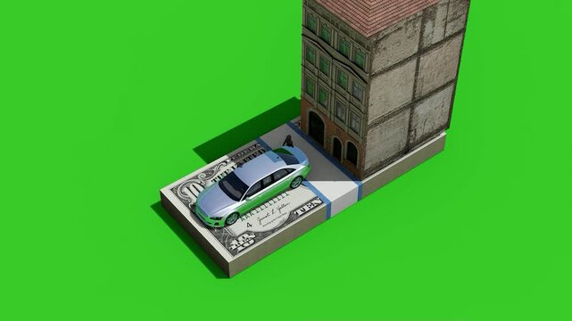 This video illustrates the concept of financial assets, featuring a car, a building, and a stack of ten-dollar bills on a green screen. Ideal for themes related to investment, wealth, and property.