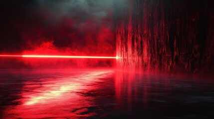 Naklejka premium Ominous red laser beam slicing through fog, striking a towering textured wall above a reflective wet surface with glowing crimson reflections and a dark stormy sky