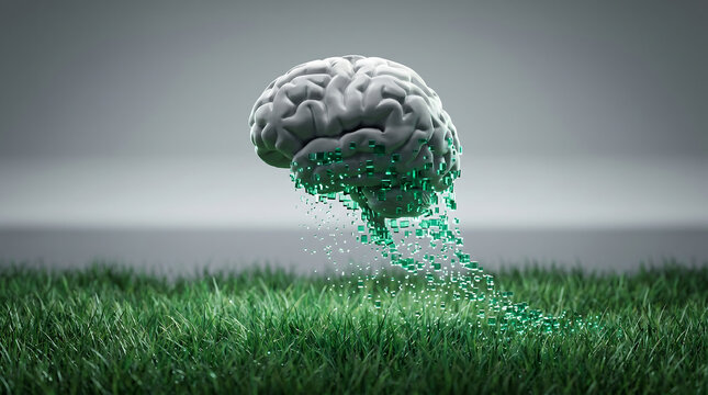 3D rendering of brain with green particles exploding in grassy field