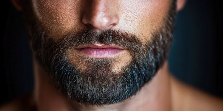 Close-up of a man's lower face with full beard and trimmed mustache, textured skin and soft lighting conveying a calm, serious expression