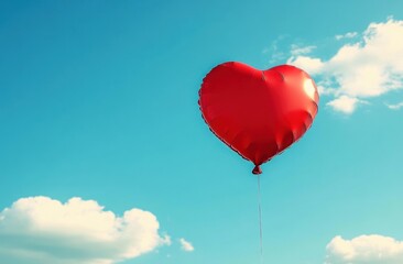 Obraz premium red heart-shaped balloon floating in a bright blue sky with white clouds, evoking love, joy, and carefree freedom