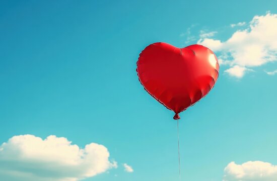 red heart-shaped balloon floating in a bright blue sky with white clouds, evoking love, joy, and carefree freedom
