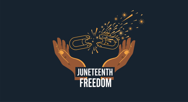 Hands reaching up to broken chains with stars and sparks for juneteenth freedom celebration on a dark background.
