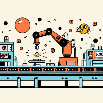 Neon Robotic Arm Assembling Device in Minimalist Smart Factory