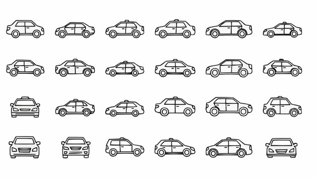 A comprehensive collection of various car models in outline style, showcasing different perspectives and designs.