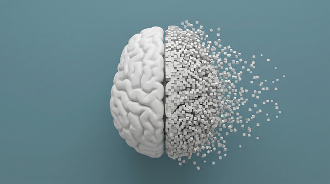 half human brain with particles exploding out, symbolizing artificial intelligence and neuroscience