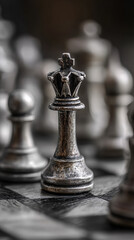 Fototapeta premium Silver Chess King Piece Surrounded by Other Game Pieces on Board