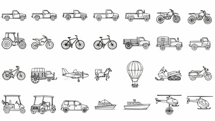 A comprehensive collection of hand-drawn transportation vehicles, showcasing various modes of travel. © Galy Ariyandy