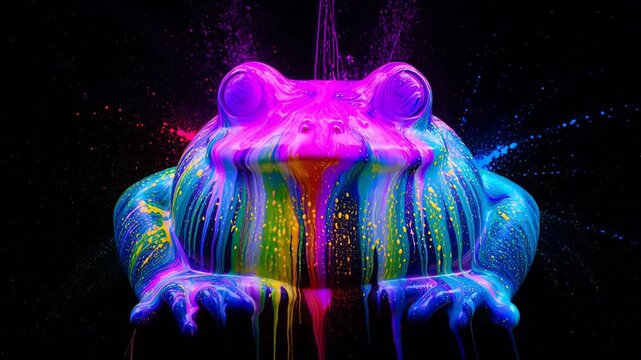 Vibrant Neon Paint Splash on Frog Sculpture Against Black Background