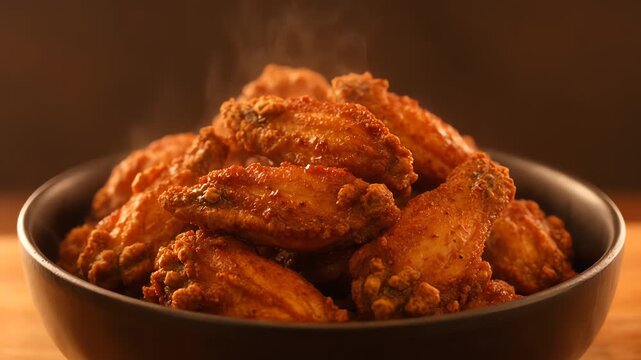 Hot Steaming Fried Buffalo Chicken Wings in a Bowl