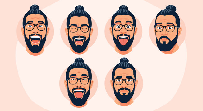 Character sheet showing a bearded man with glasses expressing seven different emotions and facial reactions.