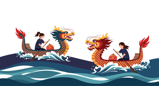 Dragon boat racing scene with two decorated boats and rowers competing on wavy blue water during a festival.