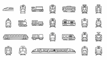 Collection of various train types and railway vehicles in outline style. © Galy Ariyandy