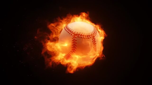 Burning Baseball Flying Through Air with Flames and Sparks