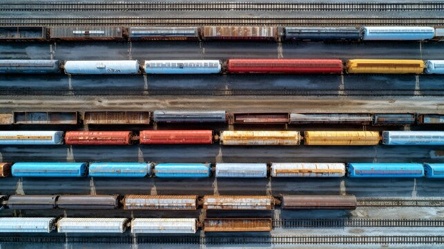 An aerial view of a rail yard, showing colorful train cars parked on parallel tracks, with weathered textures